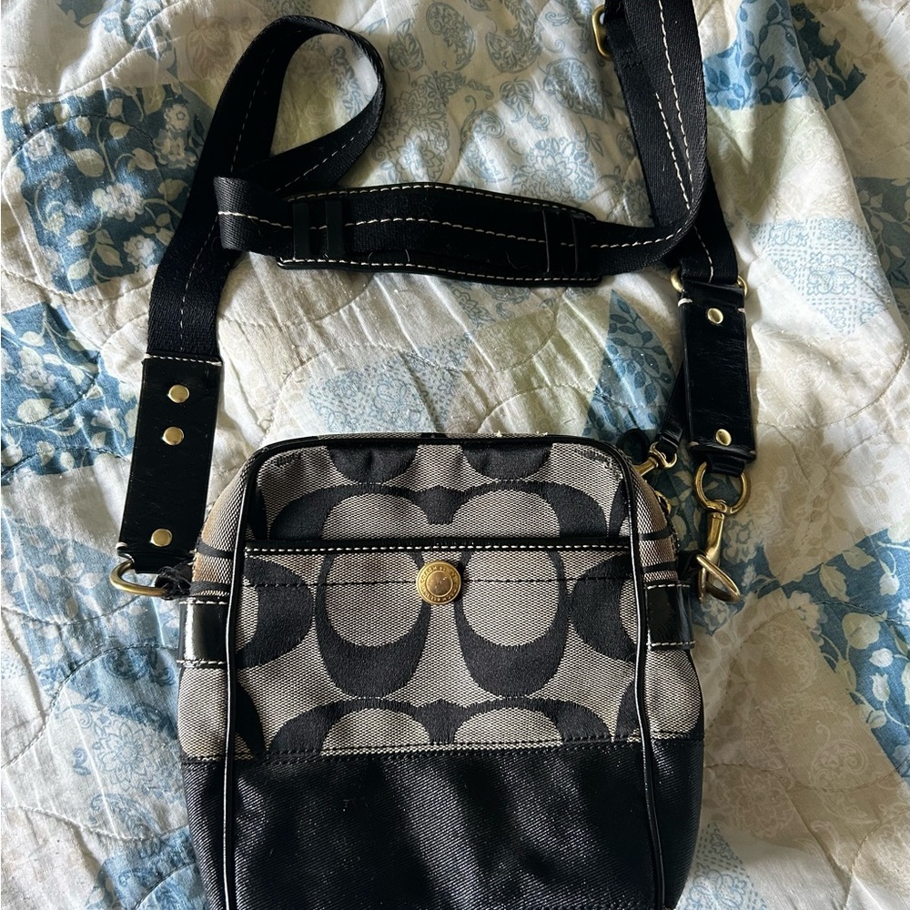 Coach Signature Black and Gray Crossbody Bag with Leather Trim